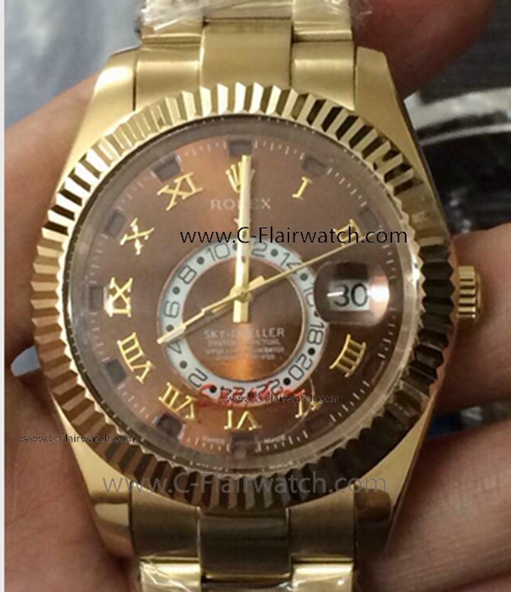 Rolex Sky Dweller Gold Replica Watch Chocolate Dial Oyster Band